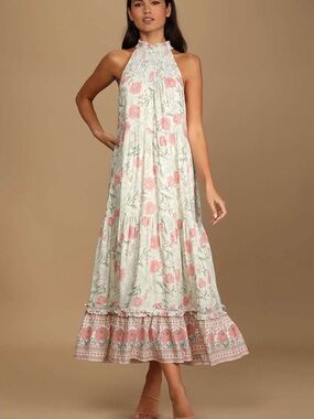 Lulu's Pink Floral Halter Maxi Dress on Cream Base